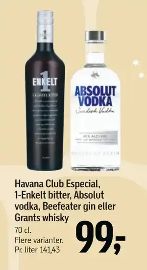 Føtex Havana Club Especial, 1-Enkelt bitter, Absolut vodka, Beefeater gin eller Grants whisky, DKK 99 tilbud