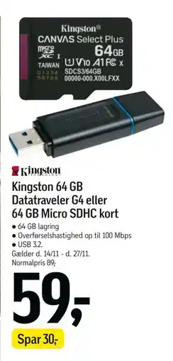 Føtex Kingston 64 GB Datatraveler G4 eller 64 GB Micro SDHC kort, DKK 59 tilbud