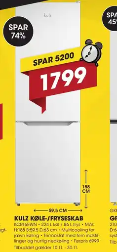 Punkt1 Kulz køle-/fryseskab kcr16ewn tilbud
