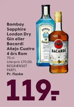 SPAR Bombay Sapphire London Dry Gin eller Bacardi Añejo Cuatro 4 års Rom, DKK 119 tilbud