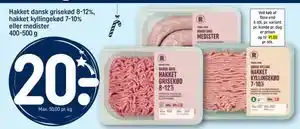 Hakket dansk grisekød 8-12%, hakket kyllingekød 7-10% eller medister 400-500 g, DKK 20