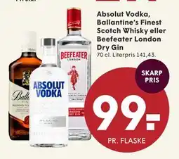 SPAR Absolut Vodka, Ballantine’s Finest Scotch Whisky eller Beefeater London Dry Gin, DKK 99 tilbud