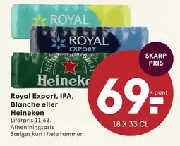 SPAR Royal Export, IPA, Blanche eller Heineken, DKK 69 tilbud