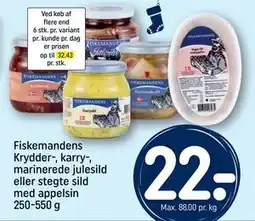 REMA 1000 Fiskemandens Krydder-, karry-, marinerede julesild eller stegte sild med appelsin 250-550 g, DKK 22 tilbud