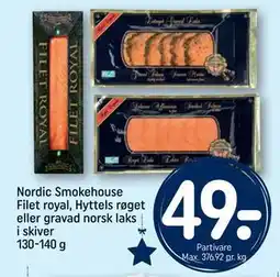 REMA 1000 Nordic Smokehouse Filet royal, Hyttels røget eller gravad norsk laks i skiver 130-140 g, DKK 49 tilbud
