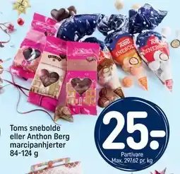 REMA 1000 Toms snebolde eller Anthon Berg marcipanhjerter 84-124 g, DKK 25 tilbud