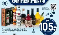 REMA 1000 Jägermeister gaveæske, Bacardi, HODK lakridspibeshots eller Råstoff 50-70 cl, DKK 105 tilbud