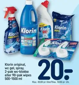 REMA 1000 Klorin original, wc gel, spray, 2-pak wc-blokke eller 90-pak wipes 500-1500 ml, DKK 20 tilbud