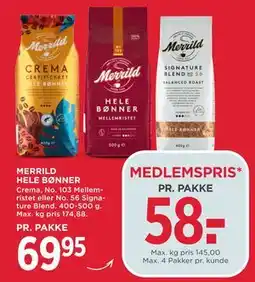 MENY MERRILD HELE BØNNER, DKK 69.95, App-pris tilbud