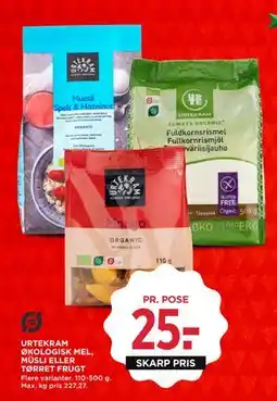 MENY URTEKRAM ØKOLOGISK MEL, MÜSLI ELLER TØRRET FRUGT, DKK 25 tilbud