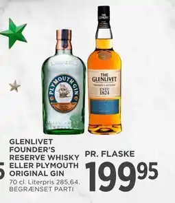 MENY GLENLIVET FOUNDER’S RESERVE WHISKY ELLER PLYMOUTH ORIGINAL GIN, DKK 199.95 tilbud