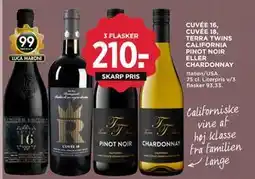 MENY CUVÉE 16, CUVÉE 18, TERRA TWINS CALIFORNIA PINOT NOIR ELLER CHARDONNAY, DKK 210 tilbud