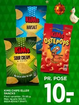 MENY KIMS CHIPS ELLER SNACKS, DKK 10 tilbud