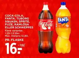 MENY COCA-COLA, FANTA, TUBORG SQUASH, SPRITE, FUZE, RAMLÖSA ELLER SCHWEPPES, DKK 16 tilbud