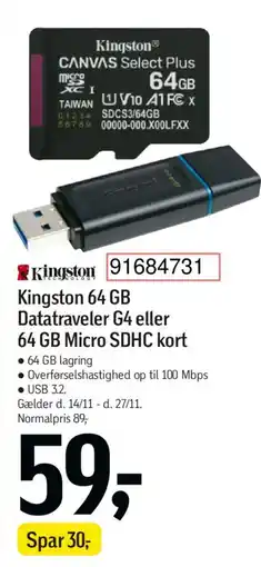 Føtex Kingston 64 GB Datatraveler G4 eller 64 GB Micro SDHC kort tilbud