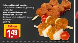 REWE DE Schweinefiletspieß mariniert , oder Schweinefiletspieß mit Landbier und Zwiebeln tilbud