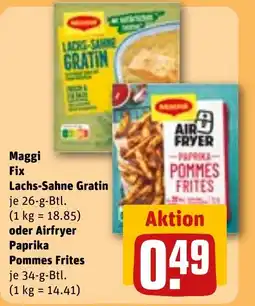 REWE DE Maggi Fix Lachs-Sahne Gratin oder Airfryer Paprika Pommes Frites tilbud