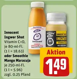 REWE DE Innocent Ingwer Shot oder Smoothie Mango Maracuja tilbud