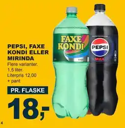 Let-Køb PEPSI, FAXE KONDI ELLER MIRINDA, DKK 18 tilbud