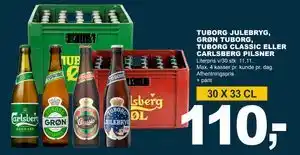 TUBORG JULEBRYG, GRØN TUBORG, TUBORG CLASSIC ELLER CARLSBERG PILSNER, DKK 110