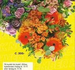 Bilka Håndbundet buket med 6 bundter blomster og grønt., DKK 300 tilbud