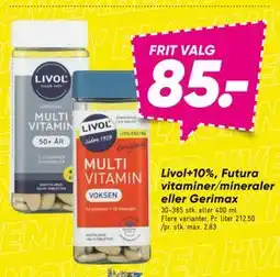 Bilka Livol+10%, Futura vitaminer/mineraler eller Gerimax, DKK 85 tilbud