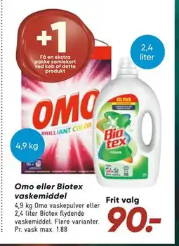Bilka Omo eller Biotex vaskemiddel, DKK 90 tilbud