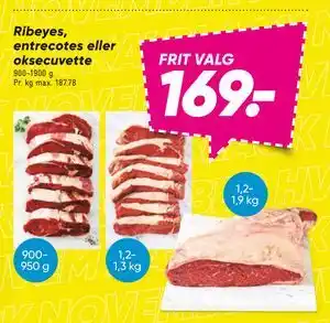 Ribeyes, entrecotes eller oksecuvette, DKK 169