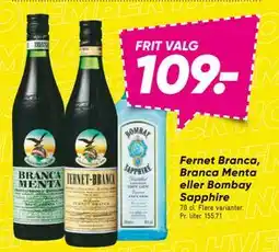 Bilka Fernet Branca, Branca Menta eller Bombay Sapphire, DKK 109 tilbud