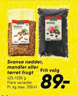 Bilka Svansø nødder, mandler eller tørret frugt, DKK 89 tilbud