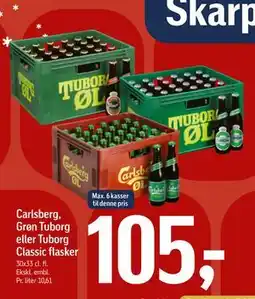 Føtex Carlsberg, Grøn Tuborg eller Tuborg Classic flasker, DKK 105 tilbud