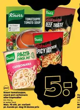 Netto Knorr tomatsuppe, snack pot carbonara eller kopnudler, DKK 5 tilbud