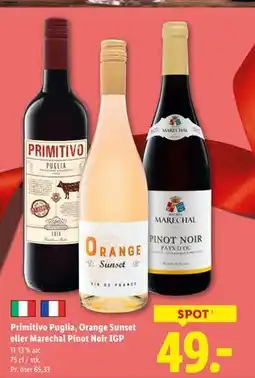 Lidl Primitivo Puglia, Orange Sunset eller Marechal Pinot Noir IGP, DKK 49 tilbud