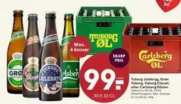 SPAR Tuborg Julebryg, Grøn Tuborg, Tuborg Classic eller Carlsberg Pilsner, DKK 99 tilbud