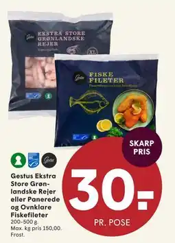 SPAR Gestus Ekstra Store Grønlandske Rejer eller Panerede og Ovnklare Fiskefileter, DKK 30 tilbud