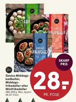 SPAR Gestus Middagskødboller, Middagsfrikadeller eller Minifrikadeller, DKK 28 tilbud