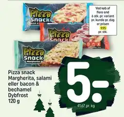 REMA 1000 Pizza snack Margherita, salami eller bacon & bechamel Dybfrost 120 g, DKK 5 tilbud