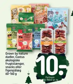 REMA 1000 Grown by nature dadler, Castus økologiske frugtstænger, snacks eller figenpålæg 60-160 g, DKK 10 tilbud