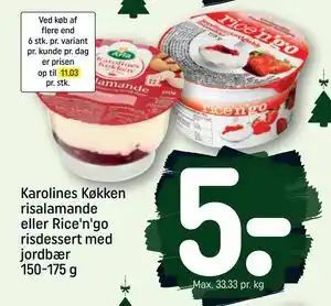 Karolines Køkken risalamande eller Rice'n'go risdessert med jordbær 150-175 g, DKK 5