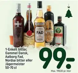 REMA 1000 1-Enkelt bitter, Gammel Dansk, Aalborg Fad, Nordsø bitter eller Jägermeister 50-70 cl, DKK 99 tilbud