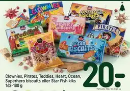 REMA 1000 Clownies, Pirates, Teddies, Heart, Ocean, Superhero biscuits eller Star Fish kiks 162-180 g, DKK 20 tilbud