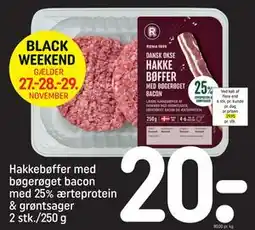 REMA 1000 Hakkebøffer med bøgerøget bacon med 25% ærteprotein & grøntsager. 2 stk./250 g, DKK 20 tilbud