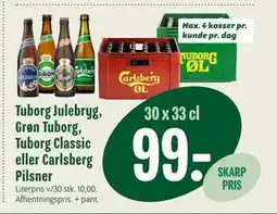 Min Købmand Tuborg Julebryg, Grøn Tuborg, Tuborg Classic eller Carlsberg Pilsner, DKK 99 tilbud