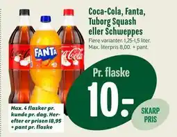 Min Købmand Coca-Cola, Fanta, Tuborg Squash eller Schweppes, DKK 10 tilbud
