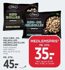 MENY MOU KØD- OG MELBOLLER, MELBOLLER ELLER KØDBOLLER, DKK 45, App-pris tilbud