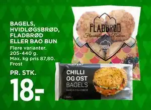 MENY BAGELS, HVIDLØGSBRØD, FLADBRØD ELLER BAO BUN, DKK 18 tilbud
