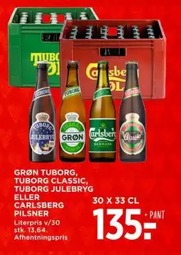 MENY GRØN TUBORG, TUBORG CLASSIC, TUBORG JULEBRYG ELLER CARLSBERG PILSNER, DKK 135 tilbud