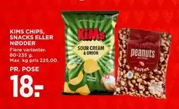 MENY KIMS CHIPS, SNACKS ELLER NØDDER, DKK 18 tilbud