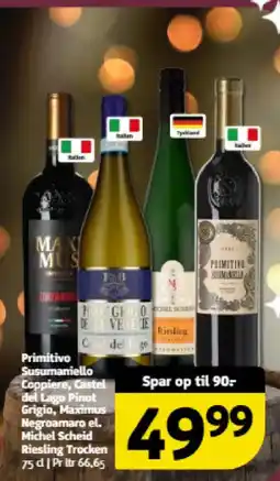 Løvbjerg Primitivo Susumaniello Coppiere, Castel del Lago Pinot Grigio, Maximus Negroamaro el. Michel Scheid Riesling Trocken tilbud
