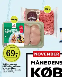 Dagli'Brugsen Hakket oksekød 8-12% eller kyllinge- bryst med lage tilbud